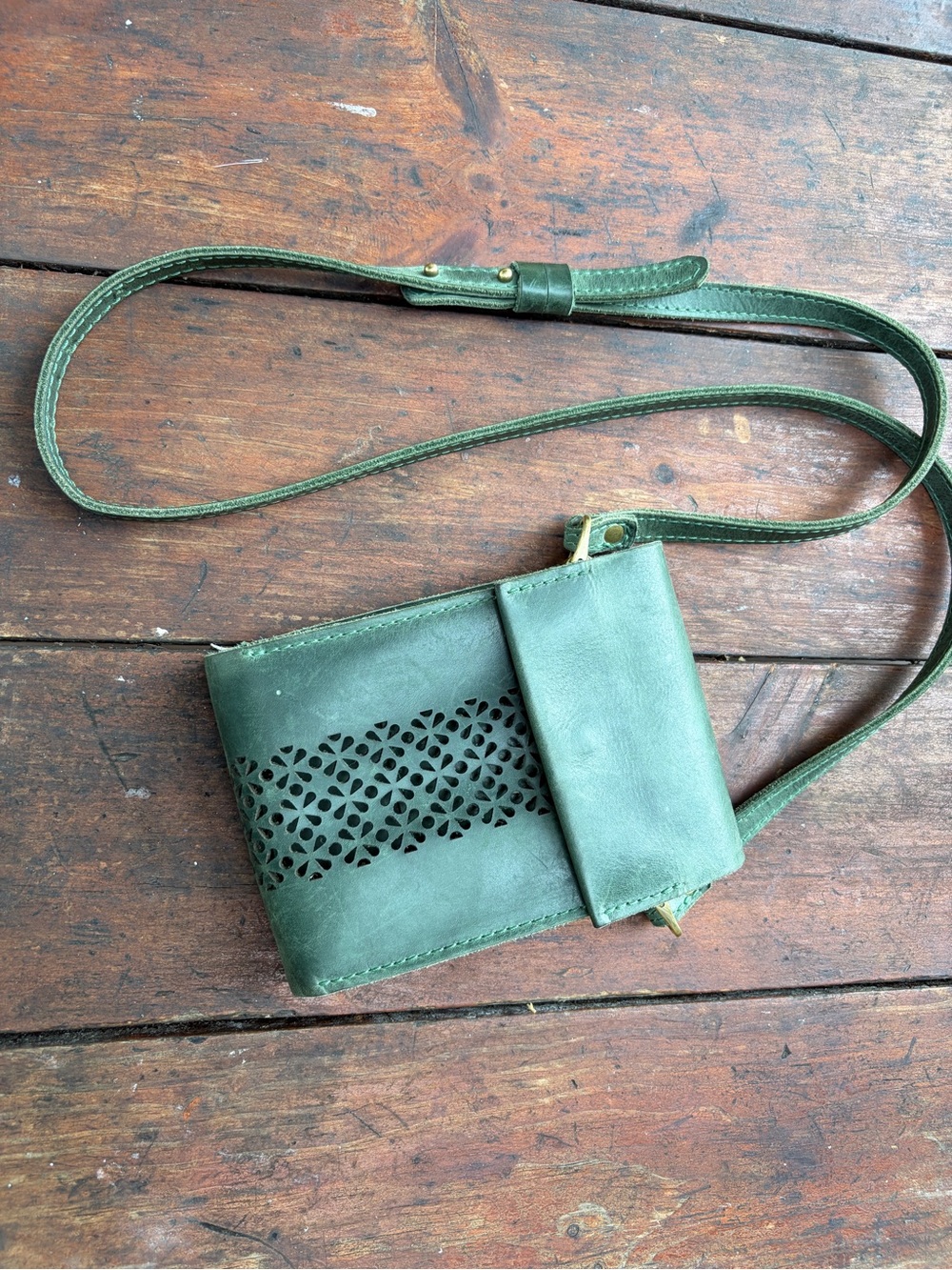 Green Leather Crossbody with Laser-Cut Panel